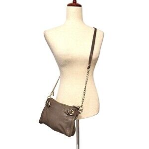 Vtg JUICY COUTURE Y2K Sheep Leather Crossbody Purse Bag Chunky Chain Taupe Gold